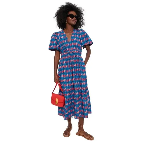 Tuckernuck Womens‎ New Size XXL Retro Floral Mitchell Midi Dress Blue and Red